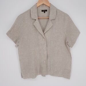 Quince Button-Up Womens XS Beige Linen Short Sleeve Collared Relaxed Top